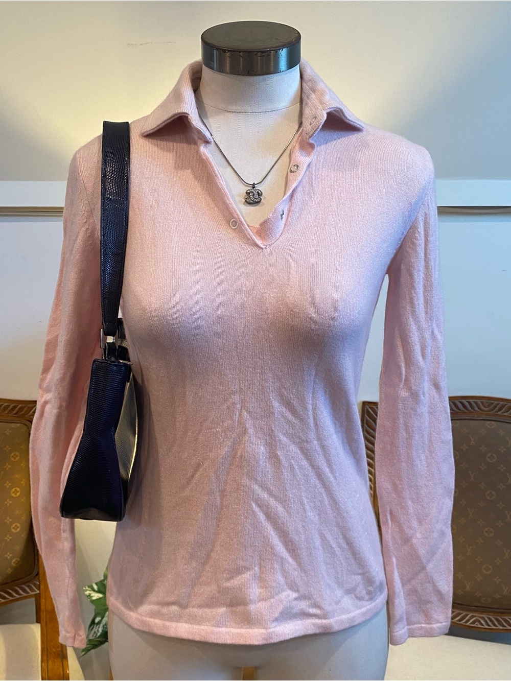 Richard Grand Cashmere Light Pink Long-Sleeve Knit Polo Sweater V-Neck S Italy
